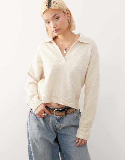 Monki knitted polo jumper in off white