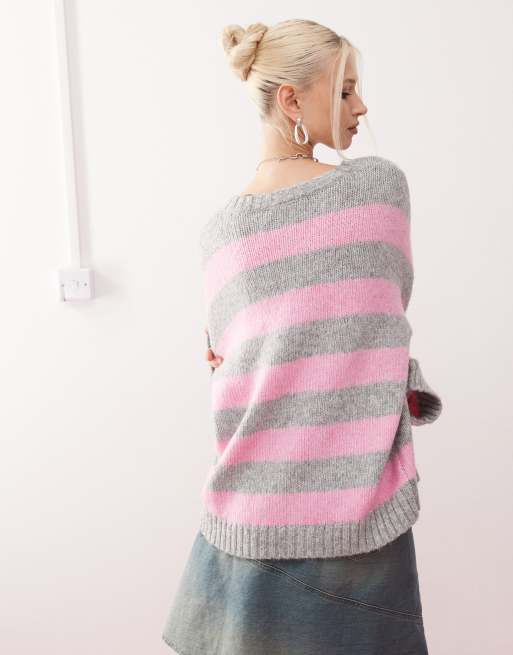 Monki – Dzianinowy sweter z okrągłym dekoltem w różowo-szare paski, 2 z 4