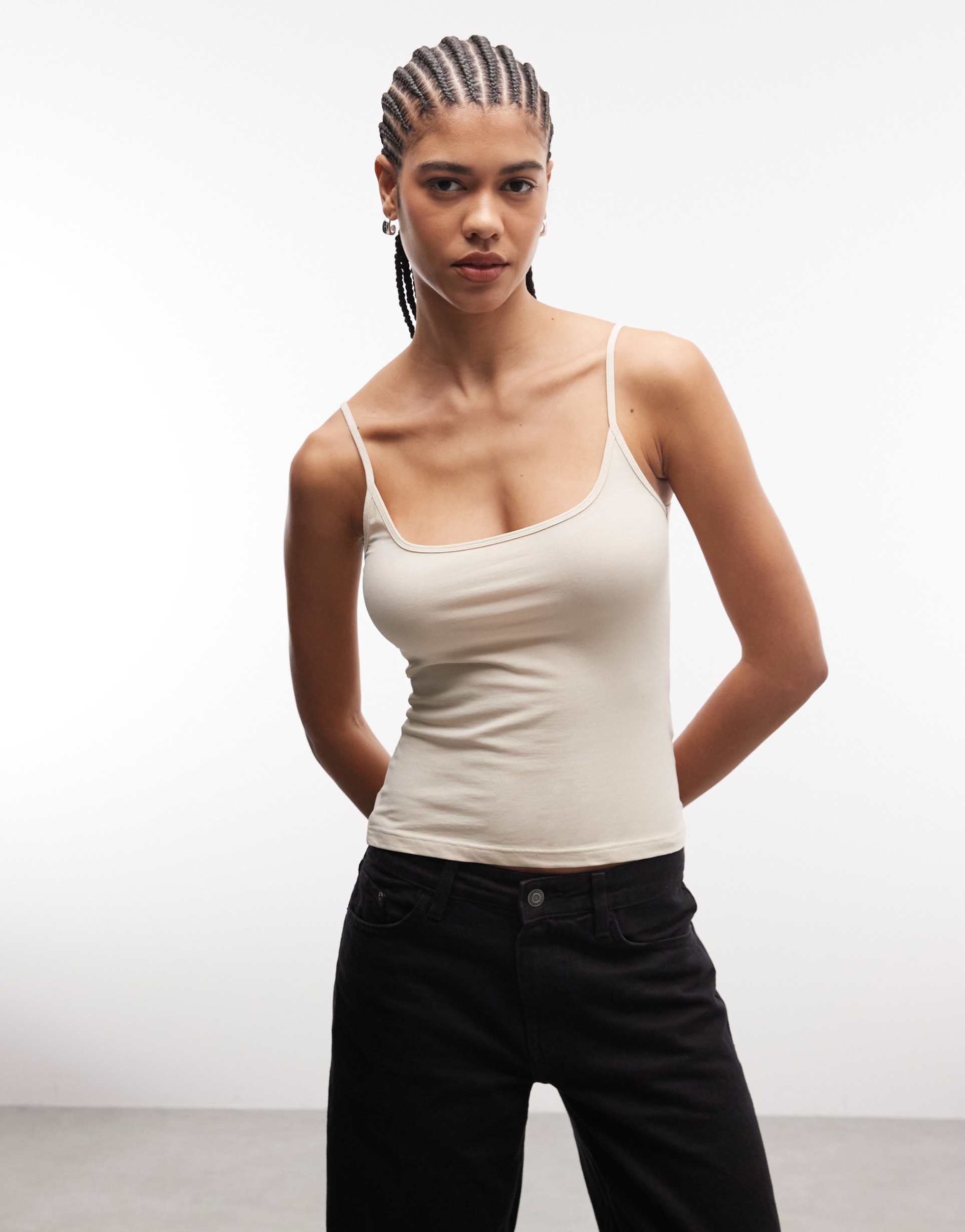 monki ebba scoop neck and back strappy tank top in beige