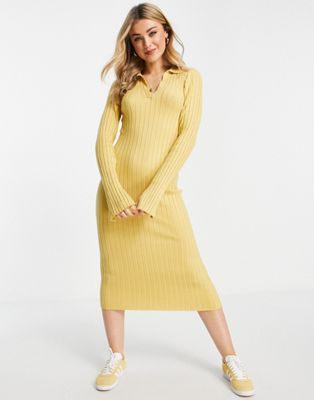 Monki rib knit midi dress with collar in mustard - MUSTARD