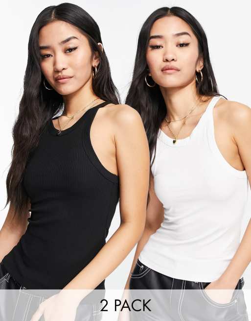 Monki – Edda – 2er-Pack-Trägertops aus Baumwolle in Schwarz und Weiß - MULTI