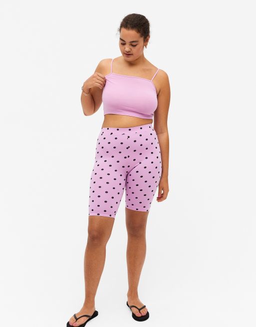 Monki – Edda – Różowe krótkie legginsy z bawełny we wzór w groszki – PINK