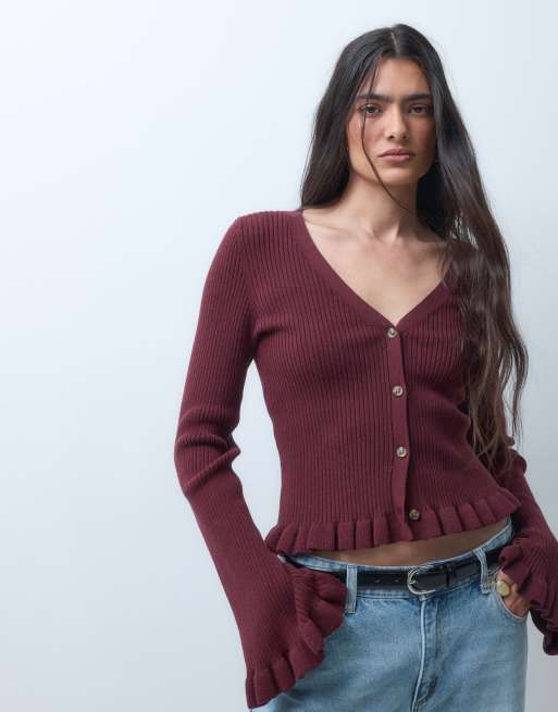 Monki eksklusiv cardigan med trompetærmer og flæser i vinrød, 3 af 5