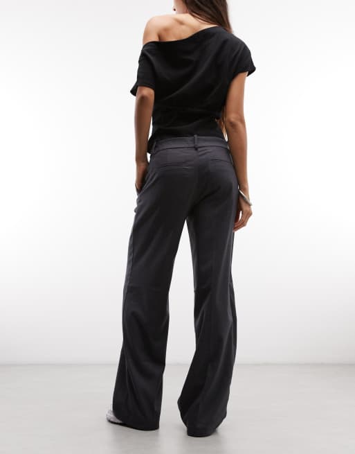 Monki - Elegante broek met wijde pijpen en hoge taille in donkergrijs, 2 van 5
