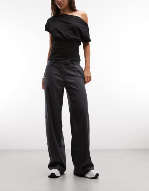 Monki - Elegante broek met wijde pijpen en hoge taille in donkergrijs, 3 van 5