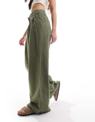 Monki - Elegante Hose aus Leinen in Khaki mit weitem Schnitt-Grün