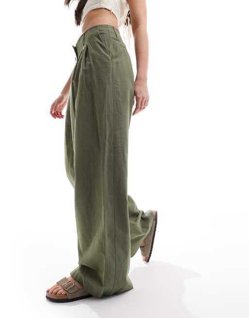 Monki – Elegante Hose aus Leinen in Khaki mit weitem Schnitt