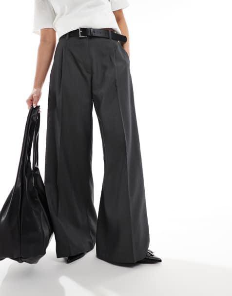 Monki – Elegante Hose in Dunkelgrau meliert mit weitem Schnitt und hohem Bund - view 1
