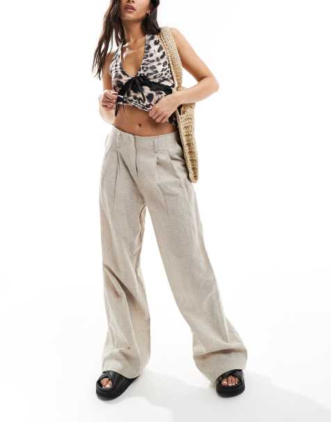 Monki – Elegante Leinenhose in Beige mit weitem Schnitt - view 1