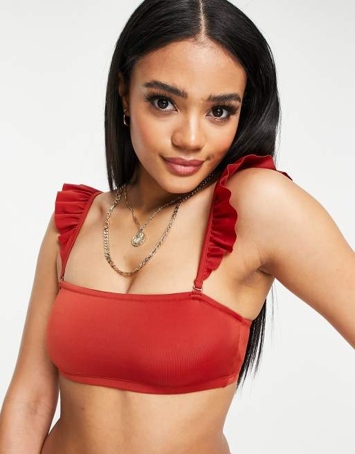 Monki Ella bandeau frill strap bikini top in red RED ASOS