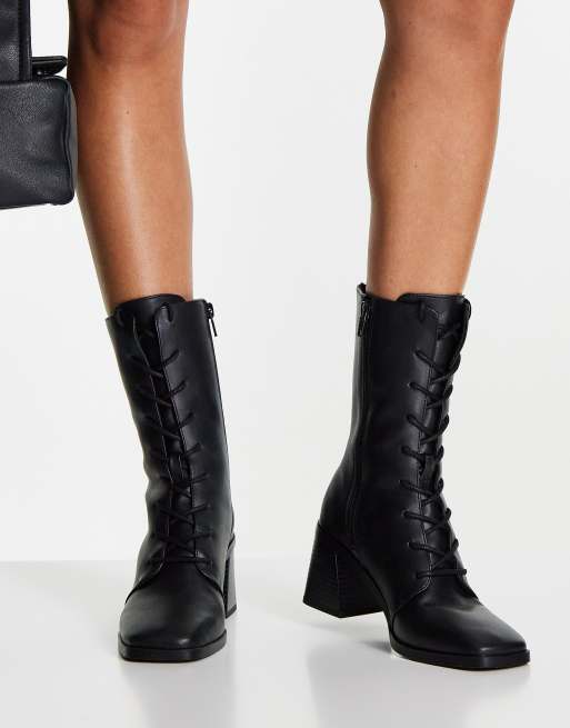 Monki Elma lace up heeled boots in black - BLACK | ASOS