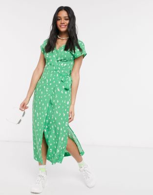 polka dot handkerchief wrap midi dress