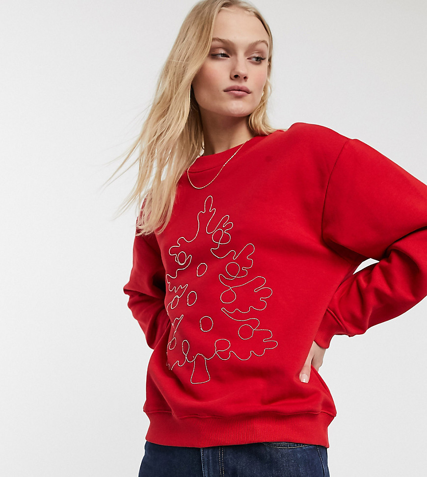 Monki embroidered Christmas tree sweat in red