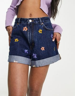 Monki embroidered denim turn-up shorts in blue floral