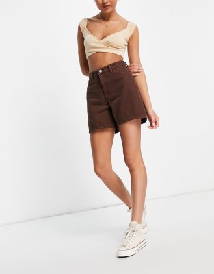 Monki Emma organic cotton high waist denim shorts in brown