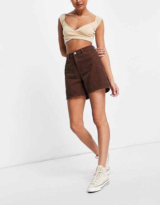 Monki Emma cotton high waist denim shorts in brown - BROWN
