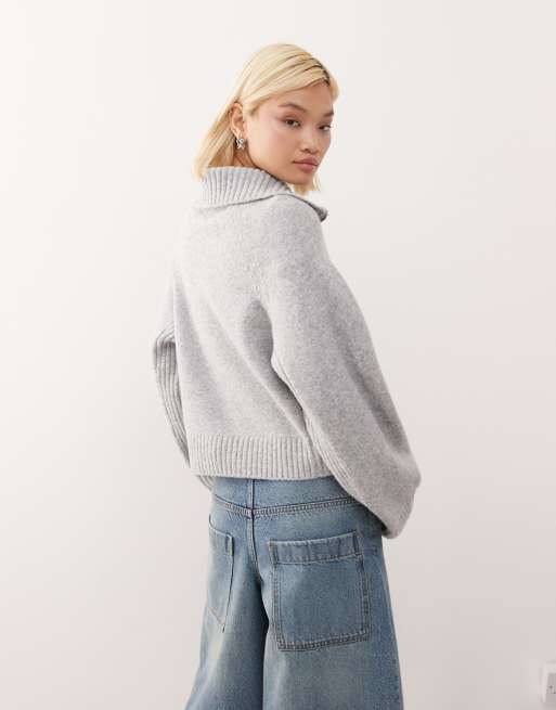 Monki exclusieve trui met halve rits in grijs gemêleerd, 4 van 4