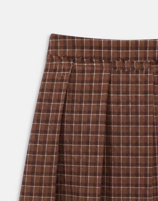 Monki exclusive asymmetric pleated mini skirt in brown check, 8 of 9