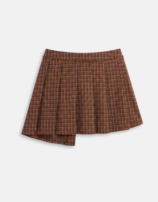 Monki exclusive asymmetrische geplooide minirok in bruin ruit, 7 van 7