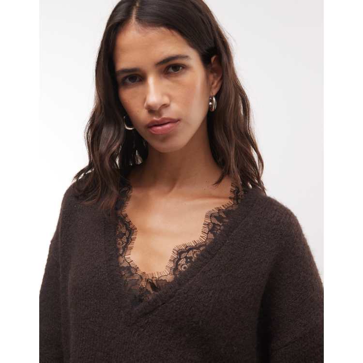 Monki exclusive fluffy knit v-neck sweater with lace trim in dark