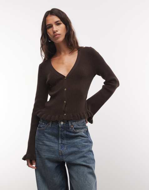 Monki exclusive fluted sleeve frill cardigan in dark brown - view 1
