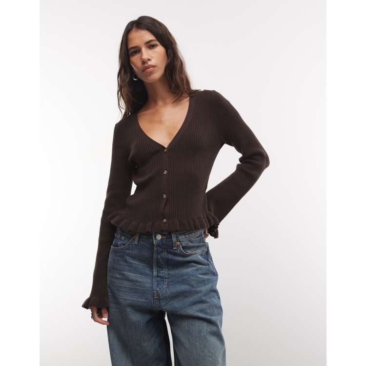 Monki exclusive fluted sleeve frill cardigan in dark brown | ASOS