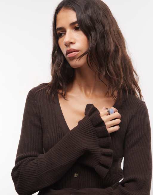 Monki exclusive fluted sleeve frill cardigan in dark brown, 3 of 4