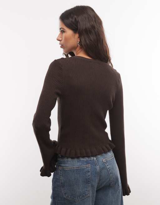 Monki exclusive fluted sleeve frill cardigan in dark brown, 4 of 4