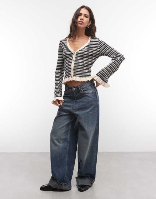 Monki exclusive fluted sleeve frill cardigan in navy and teal stripe, 2 of 4