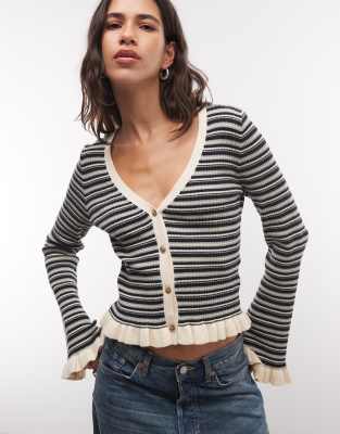 Monki Exclusive Fluted Sleeve Frill Cardigan In Navy
