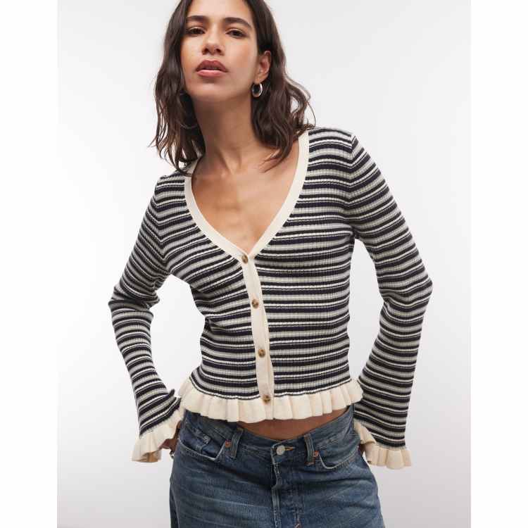 Monki exclusive fluted sleeve frill cardigan in navy and teal