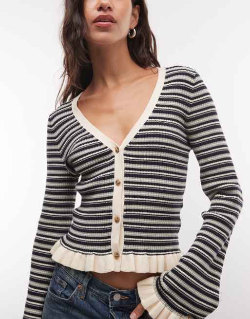 Monki exclusive fluted sleeve frill cardigan in navy and teal stripes, 3 of 4
