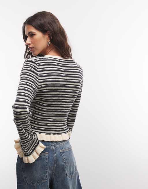 Monki exclusive fluted sleeve frill cardigan in navy and teal stripes, 4 of 4