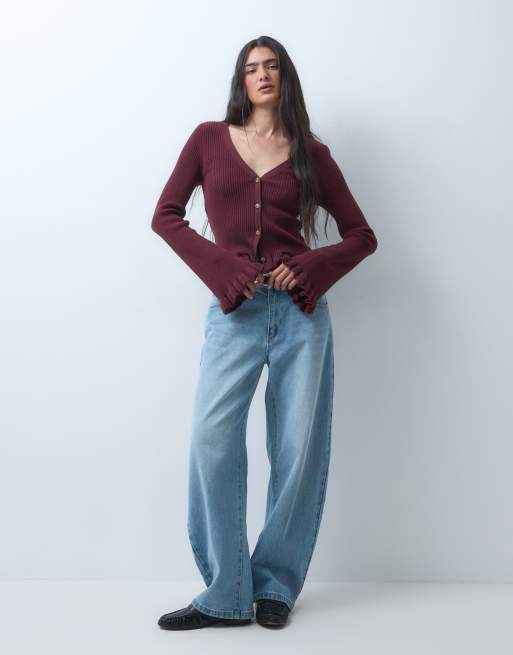 Monki exclusive fluted sleeve frill cardigan in wine, 2 of 5