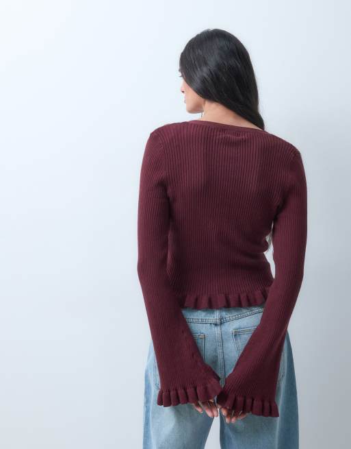 Monki exclusive fluted sleeve frill cardigan in wine, 4 of 5