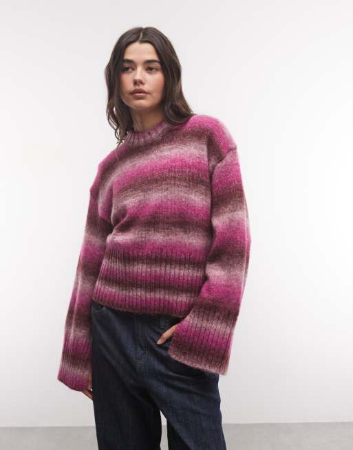 Monki exclusive oversized jumper in pink and burgundy stripe, 2 of 4