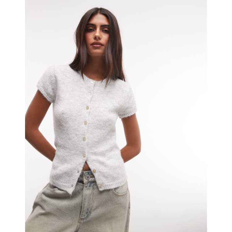 Monki exclusive short sleeve knit cardigan top in gray melange | ASOS