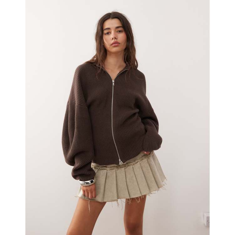 マロン Monki exclusive to ASOS knit hooded sweater with double zip and