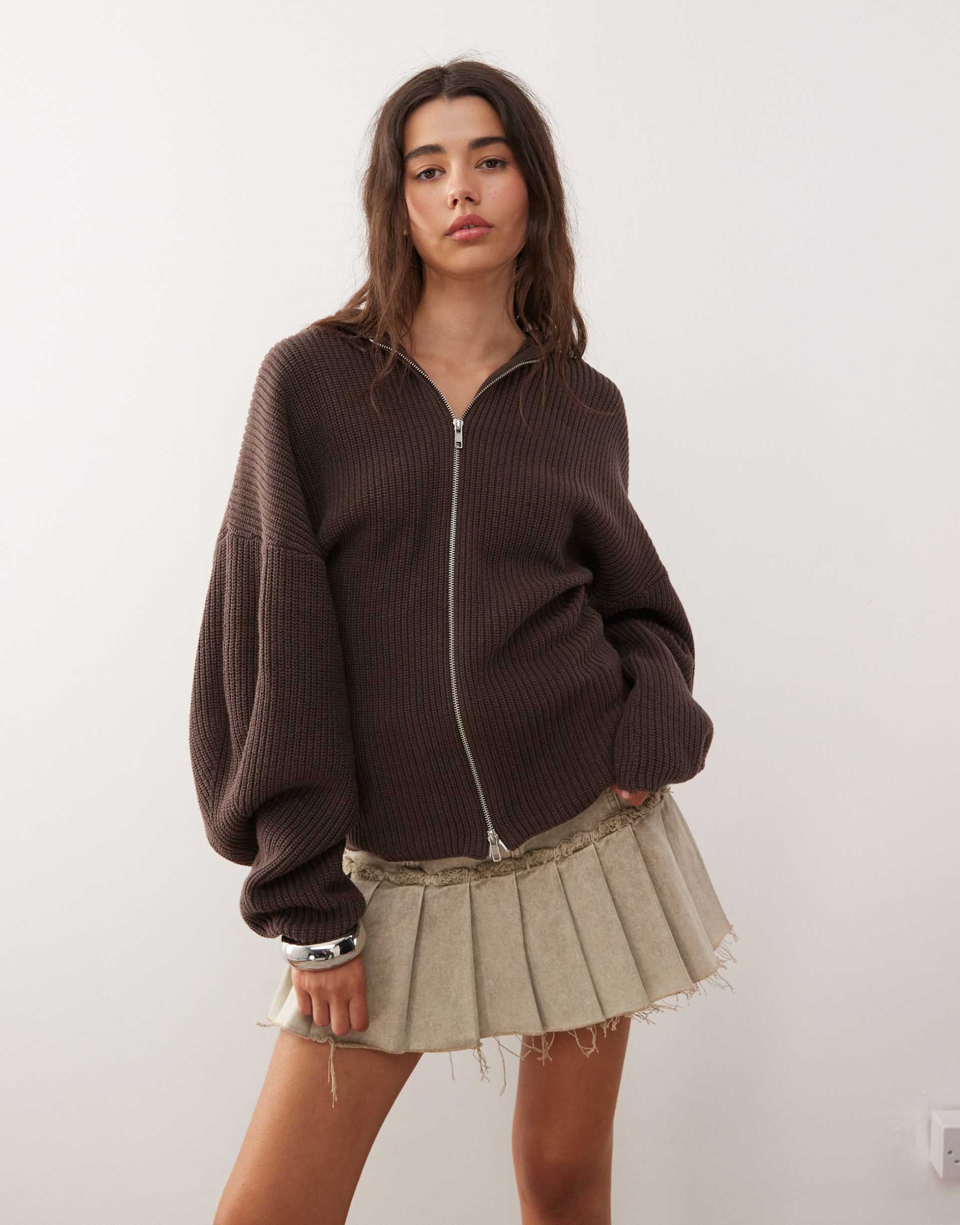 monki exclusive to asos knit hooded sweater with double zip and cinched waist detail in chocolate brown
