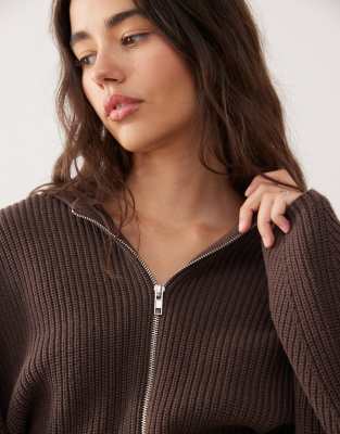 Monki Exclusive To Asos Knit Hooded Sweater With Double Zip And Cinched Waist Detail In Brown