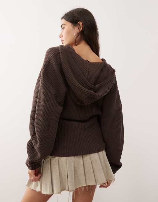 Monki exclusive to ASOS knit hooded sweater with double zip and cinched waist detail in chocolate brown