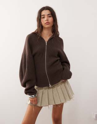 Monki Monki exclusive to ASOS knitted hooded jumper double zip and cinched waist detail in chocolate brown