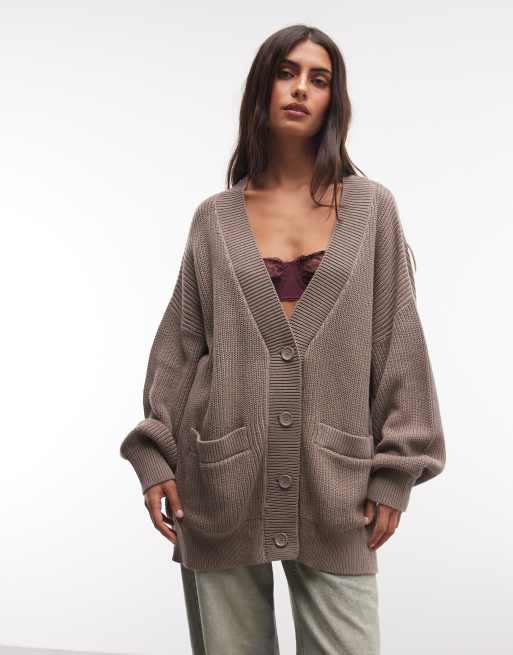 Monki exklusiv lång stickad oversized kofta i mink, 2 av 4
