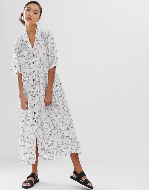 Monki face print buttoned midi dress with pockets in white