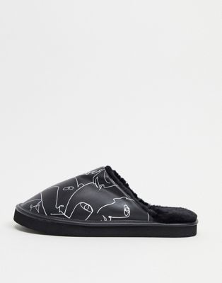 Monki face print mule slippers in black | ASOS