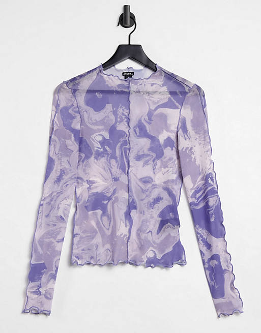 Monki Fairly mesh long sleeved top in blue swirl print