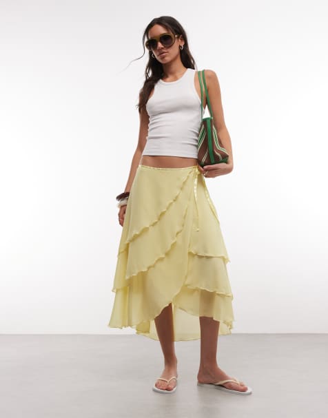 Monki - Falda midi amarilla con volantes de chifón - view 1