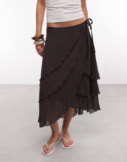 Monki - Falda midi marrón chocolate con volantes de chifón, 5 de 5