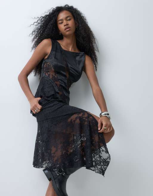 Monki falda mini asimétrica de encaje con volante en negro, 2 de 5