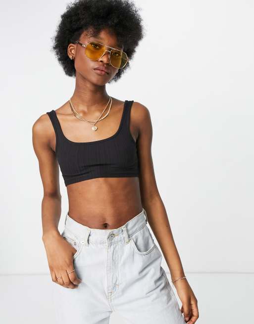 Monki Fatima ribbed crop singlet top in black